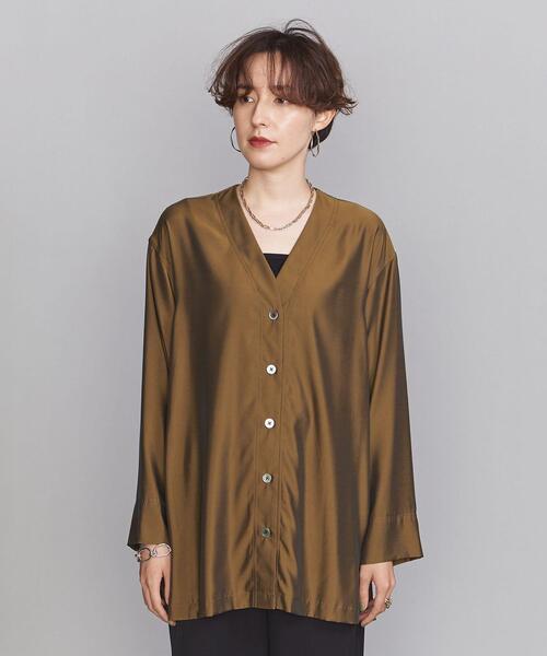 BEAUTY&YOUTH UNITED ARROWS（ビューティーアンドユースユナイテッドアローズ）の「BY キュプラ Vネックシャツ -ウォッシャブル-（シャツ/ブラウス・レディース・ブラウン/オフホワイト・FREE）」の5枚目の写真