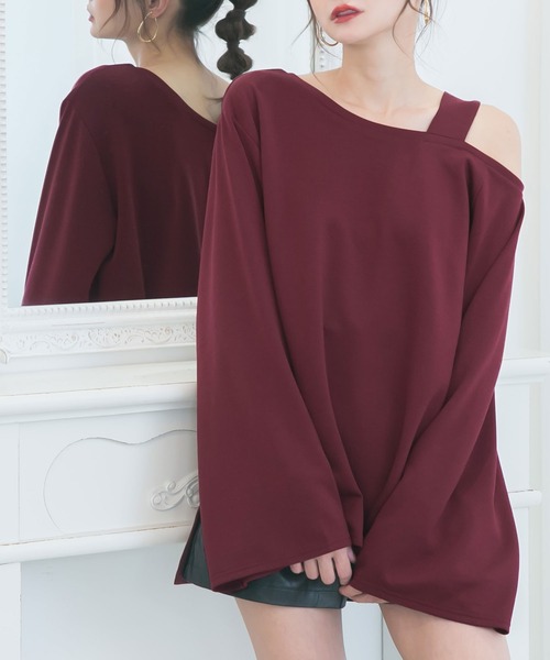Newlyme（ニューリーミー）の「ワイドスリーブワンショルチュニックトップス（Tシャツ/カットソー・レディース・ブラック/ブラウン/ボルドー/パープル/アイボリー/ブルーグレー・MEDIUM/XX-LARGE/X-LARGE/LARGE）」の6枚目の写真