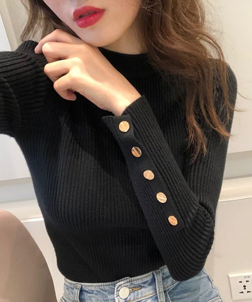 Ulysses（ユリシス）の「袖ボタン付きリブニット（ニット/セーター・レディース・ブラック/ホワイト/レッド/ベージュ/ブルー/ピンク・F）」の2枚目の写真