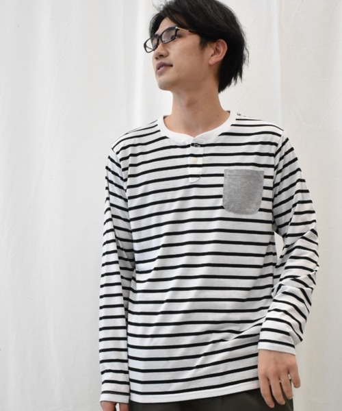 SPENDY'S Store（スペンディーズストア）の「ヘンリーネック長袖ポケットＴシャツ（Tシャツ/カットソー・メンズ・ネイビー/ブラック/ワイン/杢グレー/ブルー系その他/マスタード/スモークピンク/ホワイト系その他/カーキ/ネイビー系1/オフホワイト・4L/S/3L/L/LL/M/5L）」の3枚目の写真