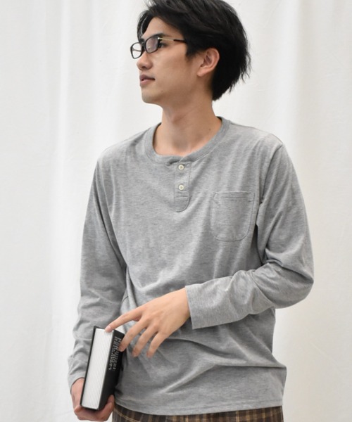 SPENDY'S Store（スペンディーズストア）の「ヘンリーネック長袖ポケットＴシャツ（Tシャツ/カットソー・メンズ・ネイビー/ブラック/ワイン/杢グレー/ブルー系その他/マスタード/スモークピンク/ホワイト系その他/カーキ/ネイビー系1/オフホワイト・4L/S/3L/L/LL/M/5L）」の5枚目の写真
