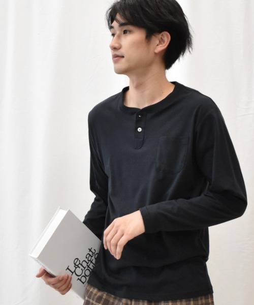 SPENDY'S Store（スペンディーズストア）の「ヘンリーネック長袖ポケットＴシャツ（Tシャツ/カットソー・メンズ・ネイビー/ブラック/ワイン/杢グレー/ブルー系その他/マスタード/スモークピンク/ホワイト系その他/カーキ/ネイビー系1/オフホワイト・4L/S/3L/L/LL/M/5L）」の7枚目の写真