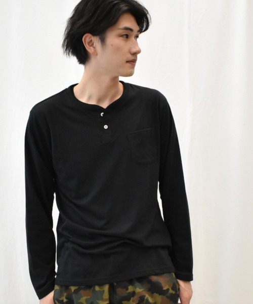 SPENDY'S Store（スペンディーズストア）の「ヘンリーネック長袖ポケットＴシャツ（Tシャツ/カットソー・メンズ・ネイビー/ブラック/ワイン/杢グレー/ブルー系その他/マスタード/スモークピンク/ホワイト系その他/カーキ/ネイビー系1/オフホワイト・4L/S/3L/L/LL/M/5L）」の4枚目の写真