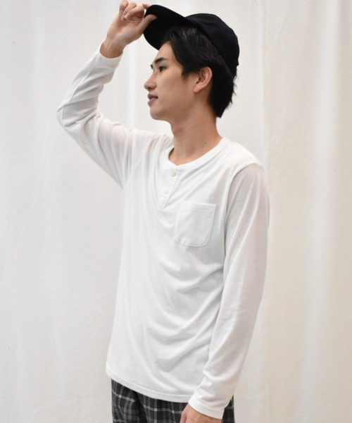 SPENDY'S Store（スペンディーズストア）の「ヘンリーネック長袖ポケットＴシャツ（Tシャツ/カットソー・メンズ・ネイビー/ブラック/ワイン/杢グレー/ブルー系その他/マスタード/スモークピンク/ホワイト系その他/カーキ/ネイビー系1/オフホワイト・4L/S/3L/L/LL/M/5L）」の14枚目の写真