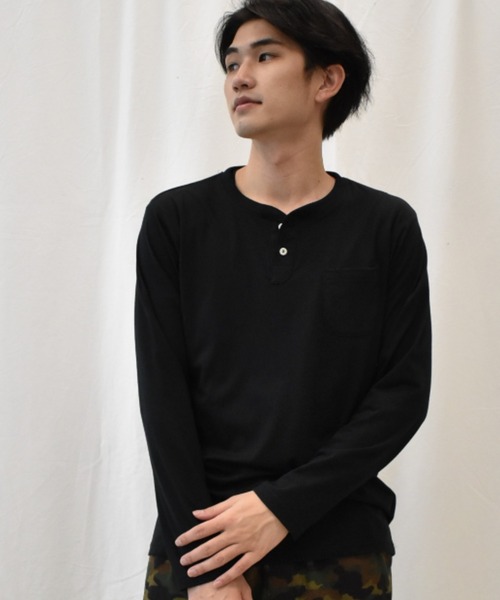 SPENDY'S Store（スペンディーズストア）の「ヘンリーネック長袖ポケットＴシャツ（Tシャツ/カットソー・メンズ・ネイビー/ブラック/ワイン/杢グレー/ブルー系その他/マスタード/スモークピンク/ホワイト系その他/カーキ/ネイビー系1/オフホワイト・4L/S/3L/L/LL/M/5L）」の20枚目の写真