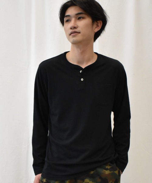 SPENDY'S Store（スペンディーズストア）の「ヘンリーネック長袖ポケットＴシャツ（Tシャツ/カットソー・メンズ・ネイビー/ブラック/ワイン/杢グレー/ブルー系その他/マスタード/スモークピンク/ホワイト系その他/カーキ/ネイビー系1/オフホワイト・4L/S/3L/L/LL/M/5L）」の22枚目の写真