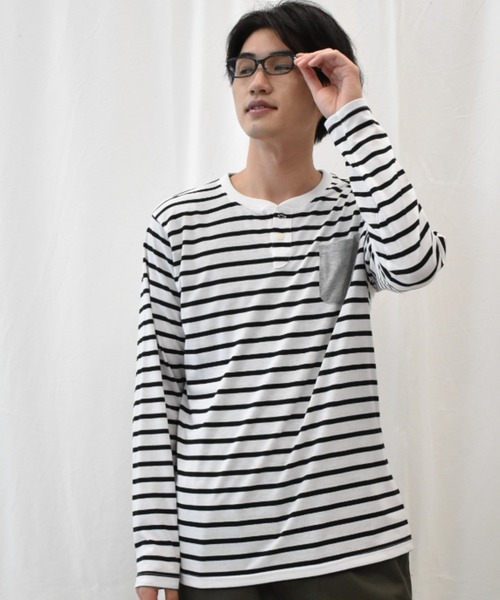 SPENDY'S Store（スペンディーズストア）の「ヘンリーネック長袖ポケットＴシャツ（Tシャツ/カットソー・メンズ・ネイビー/ブラック/ワイン/杢グレー/ブルー系その他/マスタード/スモークピンク/ホワイト系その他/カーキ/ネイビー系1/オフホワイト・4L/S/3L/L/LL/M/5L）」の15枚目の写真