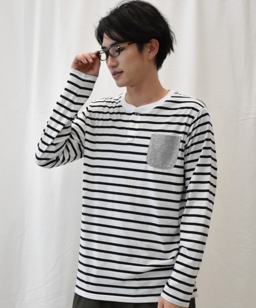 SPENDY'S Store（スペンディーズストア）の「ヘンリーネック長袖ポケットＴシャツ（Tシャツ/カットソー・メンズ・ネイビー/ブラック/ワイン/杢グレー/ブルー系その他/マスタード/スモークピンク/ホワイト系その他/カーキ/ネイビー系1/オフホワイト・4L/S/3L/L/LL/M/5L）」の16枚目の写真