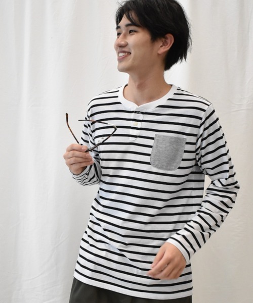 SPENDY'S Store（スペンディーズストア）の「ヘンリーネック長袖ポケットＴシャツ（Tシャツ/カットソー・メンズ・ネイビー/ブラック/ワイン/杢グレー/ブルー系その他/マスタード/スモークピンク/ホワイト系その他/カーキ/ネイビー系1/オフホワイト・4L/S/3L/L/LL/M/5L）」の17枚目の写真