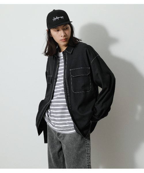 AZUL by moussy（アズールバイマウジー）の「OUTLINE STITCH CPO SHIRTS/アウトラインステッチCPOシャツ（シャツ/ブラウス・メンズ・ライトベージュ/ブラック・MEDIUM/LARGE）」の5枚目の写真