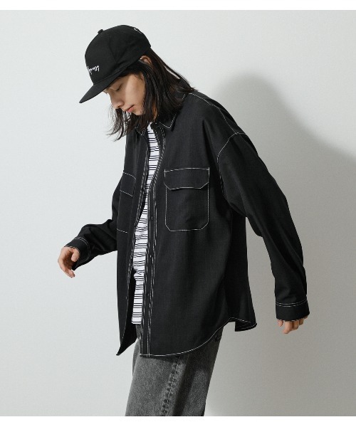 AZUL by moussy（アズールバイマウジー）の「OUTLINE STITCH CPO SHIRTS/アウトラインステッチCPOシャツ（シャツ/ブラウス・メンズ・ライトベージュ/ブラック・MEDIUM/LARGE）」の6枚目の写真
