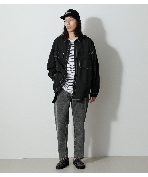 AZUL by moussy（アズールバイマウジー）の「OUTLINE STITCH CPO SHIRTS/アウトラインステッチCPOシャツ（シャツ/ブラウス・メンズ・ライトベージュ/ブラック・MEDIUM/LARGE）」の7枚目の写真