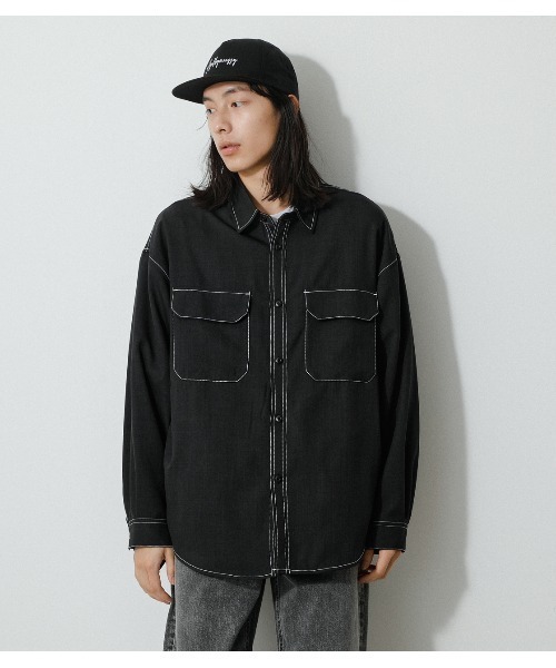 AZUL by moussy（アズールバイマウジー）の「OUTLINE STITCH CPO SHIRTS/アウトラインステッチCPOシャツ（シャツ/ブラウス・メンズ・ライトベージュ/ブラック・MEDIUM/LARGE）」の8枚目の写真