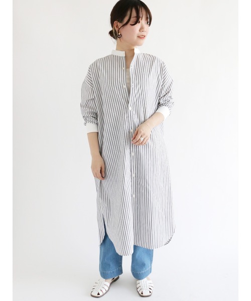 Lugnoncure（ルノンキュール）の「オーバーシャツワンピース（シャツワンピース・レディース・ネイビー/オフホワイト/ブルー・ﾌﾘ-）」の2枚目の写真