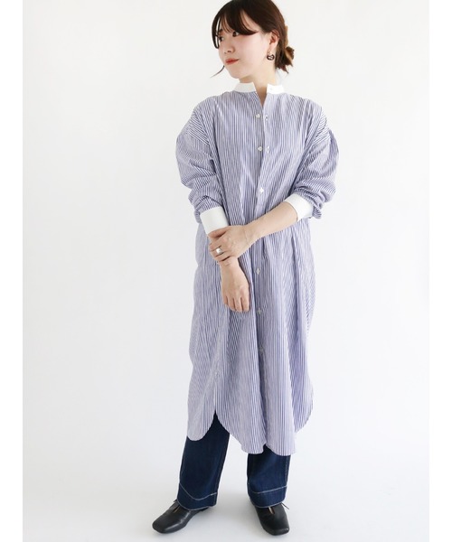 Lugnoncure（ルノンキュール）の「オーバーシャツワンピース（シャツワンピース・レディース・ネイビー/オフホワイト/ブルー・ﾌﾘ-）」の3枚目の写真