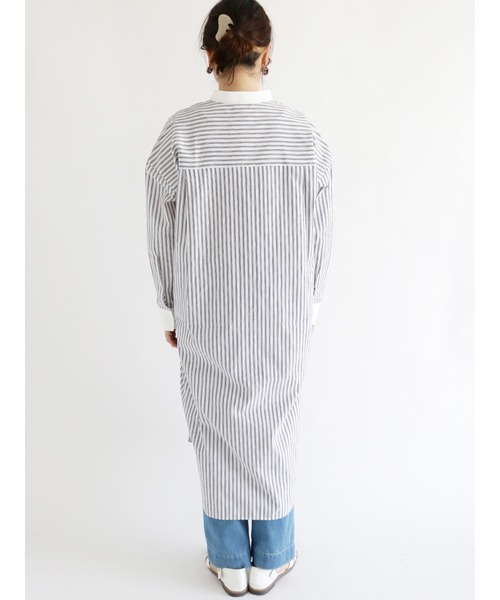 Lugnoncure（ルノンキュール）の「オーバーシャツワンピース（シャツワンピース・レディース・ネイビー/オフホワイト/ブルー・ﾌﾘ-）」の9枚目の写真