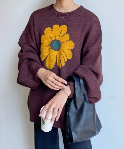 CPCM（シーピーシーエム）の「お花モチーフジャガードニット（ニット/セーター・レディース・アイボリー/グリーン/ネイビー/ブラウン・FREE）」の3枚目の写真