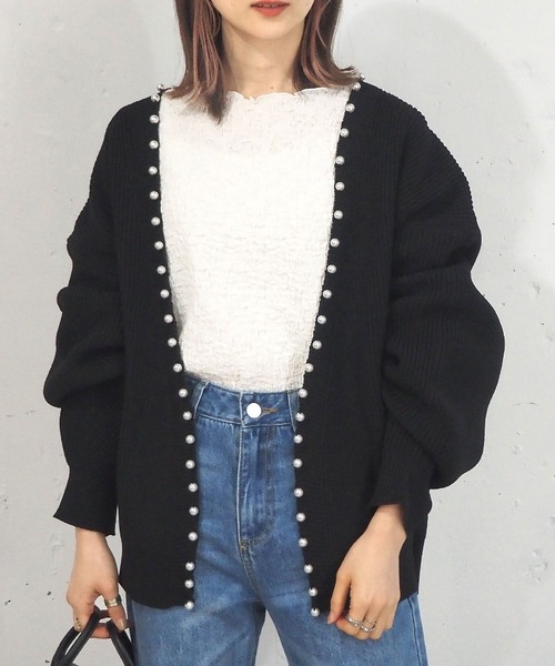 tiptop（ティップトップ）の「畦編みパール付きカーディガン（カーディガン/ボレロ・レディース・ブラック/ベージュ/アイボリー・FREE）」の9枚目の写真