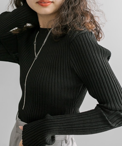 mystic（ミスティック）の「シャイニークルーリブニット（ニット/セーター・レディース・ブラック/ライム/ピンク/ベージュ・FREE）」の2枚目の写真