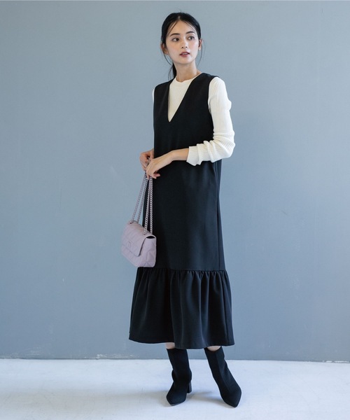 OPAQUE.CLIP（オペークドットクリップ）の「◆裾フレアVネックジャンスカ（スカート・レディース・ブラック/ライトベージュ・38）」の3枚目の写真