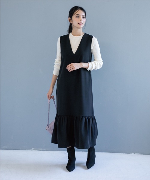 OPAQUE.CLIP（オペークドットクリップ）の「◆裾フレアVネックジャンスカ（スカート・レディース・ブラック/ライトベージュ・38）」の5枚目の写真