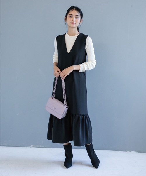 OPAQUE.CLIP（オペークドットクリップ）の「◆裾フレアVネックジャンスカ（スカート・レディース・ブラック/ライトベージュ・38）」の6枚目の写真