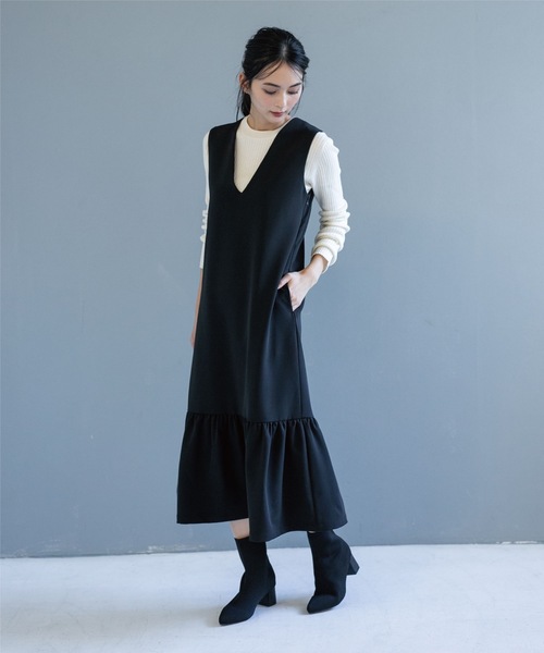 OPAQUE.CLIP（オペークドットクリップ）の「◆裾フレアVネックジャンスカ（スカート・レディース・ブラック/ライトベージュ・38）」の7枚目の写真