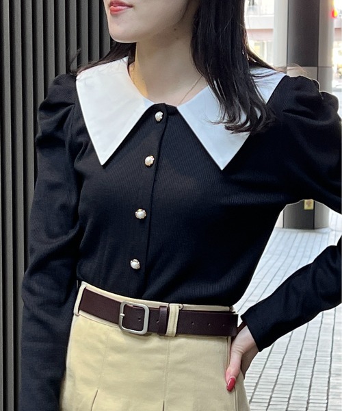 one way(ワンウェイ)の「配色ビックカラーテレコトップス(Tシャツ/カットソー・レディース・ブラック/ピンク/ホワイト・FREE)」の9枚目の写真