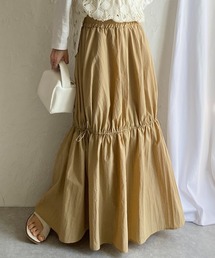 Aラインボリュームフレアワッシャーシャーリングティアードロングスカート