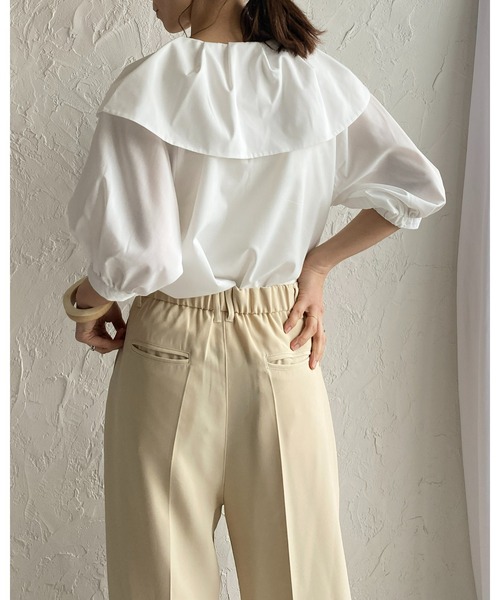 She's Closet(シーズクローゼット)の「フリル襟付きビッグカラー半袖タックパフスリーブブラウス(シャツ/ブラウス・レディース・グリーン/ホワイト/ブラック/モカ・FREE)」の5枚目の写真