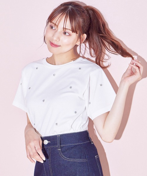 INGNI(イング)の「ラインストーン付Tシャツ(Tシャツ/カットソー・レディース・ライトブルー/ブラック/オフホワイト・M)」の5枚目の写真
