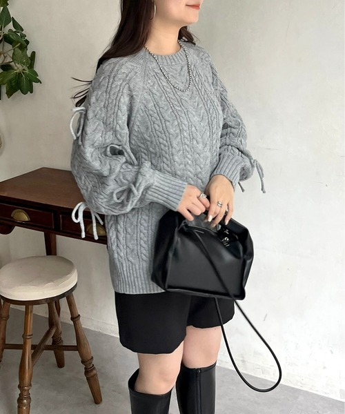 prose verse（プロズヴェール）の「袖リボンケーブルニット（ニット/セーター・レディース・アイボリー/グレー/ブラック・ﾌﾘ-）」の3枚目の写真