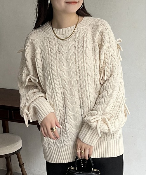 prose verse（プロズヴェール）の「袖リボンケーブルニット（ニット/セーター・レディース・アイボリー/グレー/ブラック・ﾌﾘ-）」の5枚目の写真