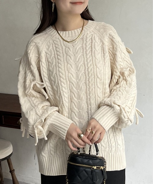 prose verse（プロズヴェール）の「袖リボンケーブルニット（ニット/セーター・レディース・アイボリー/グレー/ブラック・ﾌﾘ-）」の6枚目の写真