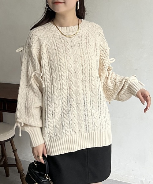 prose verse（プロズヴェール）の「袖リボンケーブルニット（ニット/セーター・レディース・アイボリー/グレー/ブラック・ﾌﾘ-）」の7枚目の写真