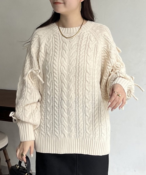 prose verse（プロズヴェール）の「袖リボンケーブルニット（ニット/セーター・レディース・アイボリー/グレー/ブラック・ﾌﾘ-）」の12枚目の写真