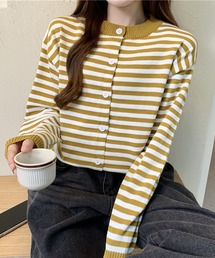 クルーネック ボーダーカーディガン