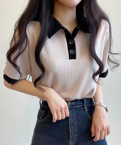 セール】配色襟付きリブ半袖tシャツ レディース 半袖（Tシャツ
