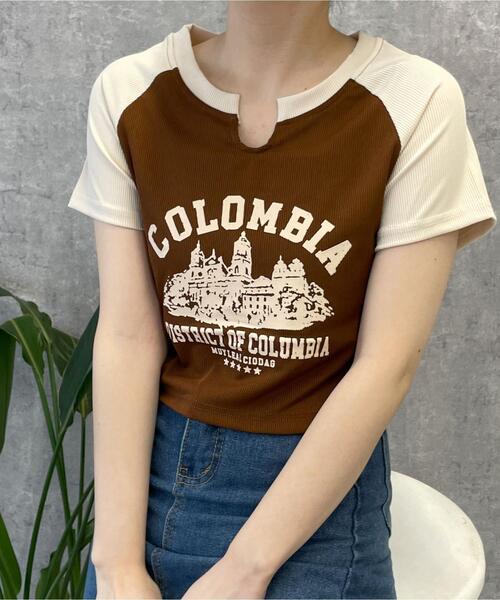 WEGO(ウィゴー)の「WEGO/リブショートCOLOMBIA T(Tシャツ/カットソー・レディース・アイボリー/ブラウン・FREE)」の2枚目の写真
