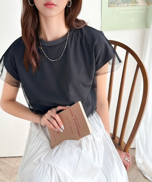 Java（ジャバ）の「《JaVa ジャバコラボ》１枚で即こなれ感。バックプリントチュールレイヤードフレンチTシャツ（Tシャツ/カットソー・レディース・ホワイト系その他/チャコールグレー×ブラック・LARGE/MEDIUM/SMALL/X-LARGE）」の5枚目の写真