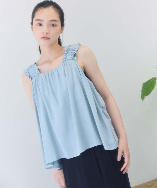 5152【美品】45R ノースリーブ ブラウス ギャザー インディゴ サイズ2 5152【美品】45R ノースリーブ ブラウス ギャザー インディゴ