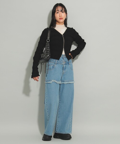 Ray BEAMS(レイビームス)の「シャーリング ジップ カーディガン(カーディガン/ボレロ・レディース・グリーン系その他2/ブラック/オフホワイト・ONE SIZE)」の22枚目の写真