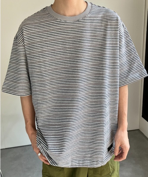 CREARE -LINO-(クレアーレリノ)の「ウエストドロスト 細ボーダーTシャツ/半袖TOPS/Y2K(Tシャツ/カットソー・メンズ・グレー/ネイビー・MEDIUM/LARGE)」の4枚目の写真