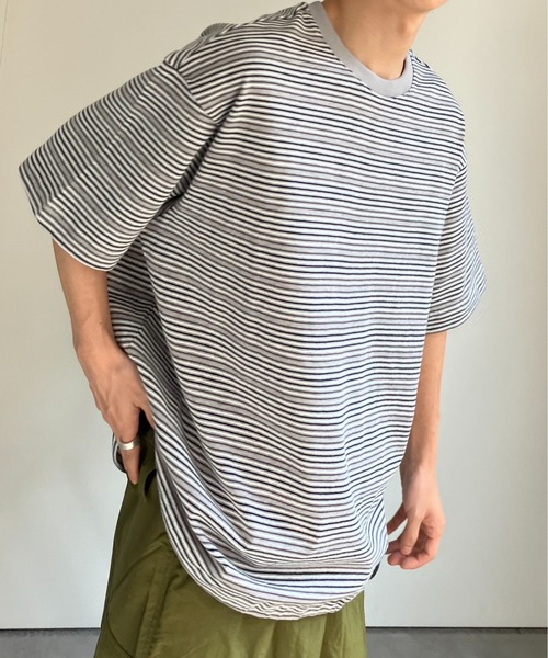 CREARE -LINO-(クレアーレリノ)の「ウエストドロスト 細ボーダーTシャツ/半袖TOPS/Y2K(Tシャツ/カットソー・メンズ・グレー/ネイビー・MEDIUM/LARGE)」の7枚目の写真