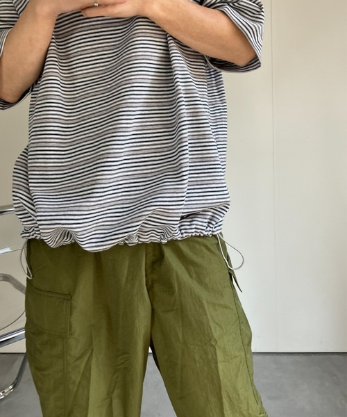 CREARE -LINO-(クレアーレリノ)の「ウエストドロスト 細ボーダーTシャツ/半袖TOPS/Y2K(Tシャツ/カットソー・メンズ・グレー/ネイビー・MEDIUM/LARGE)」の10枚目の写真