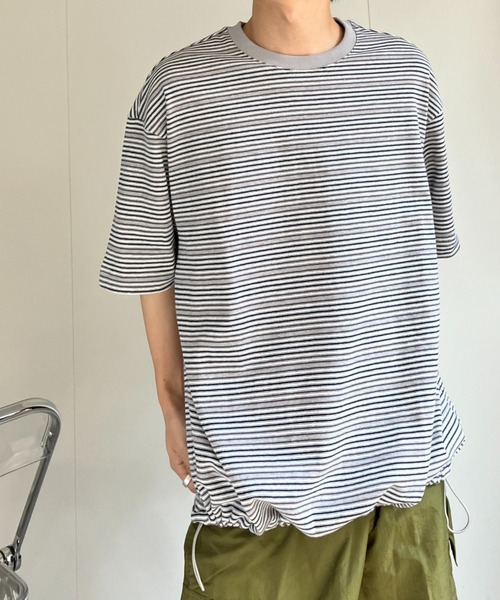CREARE -LINO-(クレアーレリノ)の「ウエストドロスト 細ボーダーTシャツ/半袖TOPS/Y2K(Tシャツ/カットソー・メンズ・グレー/ネイビー・MEDIUM/LARGE)」の11枚目の写真