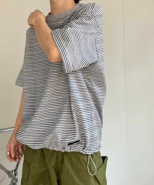 CREARE -LINO-(クレアーレリノ)の「ウエストドロスト 細ボーダーTシャツ/半袖TOPS/Y2K(Tシャツ/カットソー・メンズ・グレー/ネイビー・MEDIUM/LARGE)」の12枚目の写真