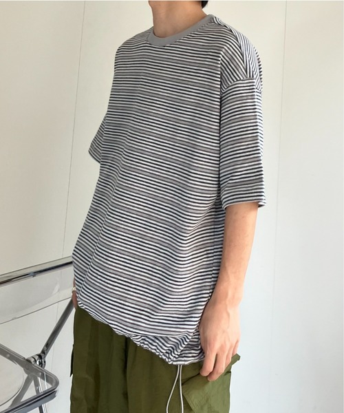 CREARE -LINO-(クレアーレリノ)の「ウエストドロスト 細ボーダーTシャツ/半袖TOPS/Y2K(Tシャツ/カットソー・メンズ・グレー/ネイビー・MEDIUM/LARGE)」の13枚目の写真