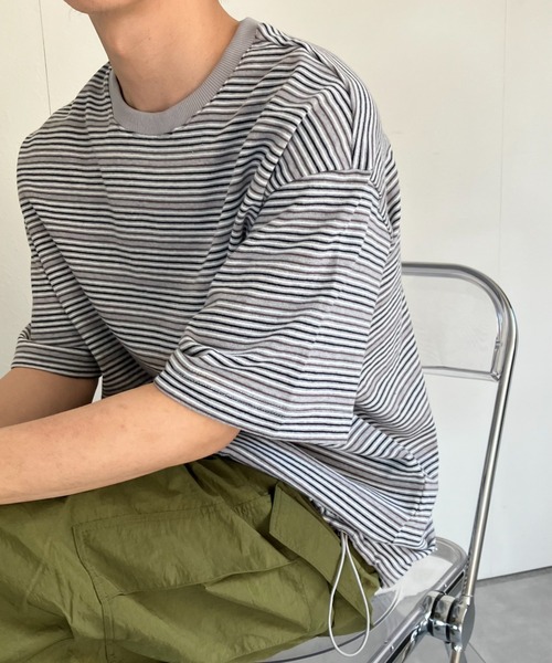 CREARE -LINO-(クレアーレリノ)の「ウエストドロスト 細ボーダーTシャツ/半袖TOPS/Y2K(Tシャツ/カットソー・メンズ・グレー/ネイビー・MEDIUM/LARGE)」の15枚目の写真