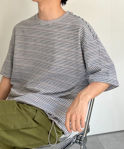 CREARE -LINO-(クレアーレリノ)の「ウエストドロスト 細ボーダーTシャツ/半袖TOPS/Y2K(Tシャツ/カットソー・メンズ・グレー/ネイビー・MEDIUM/LARGE)」の16枚目の写真
